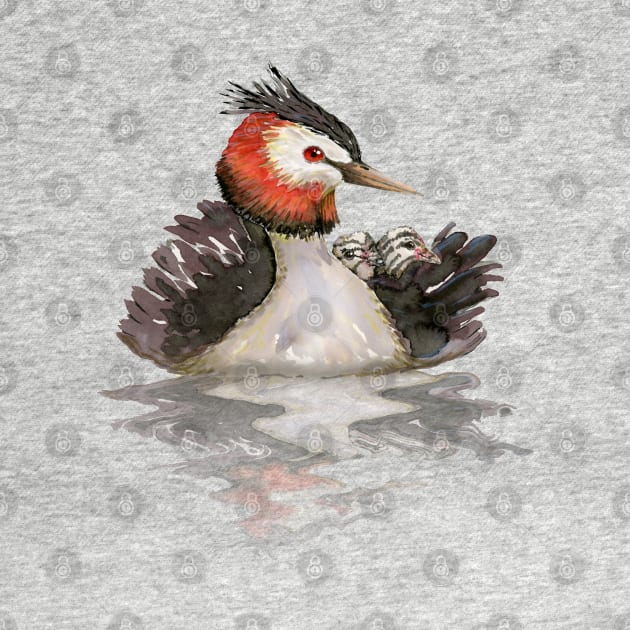 Great Crested grebe with chicks watercolor by Bwiselizzy